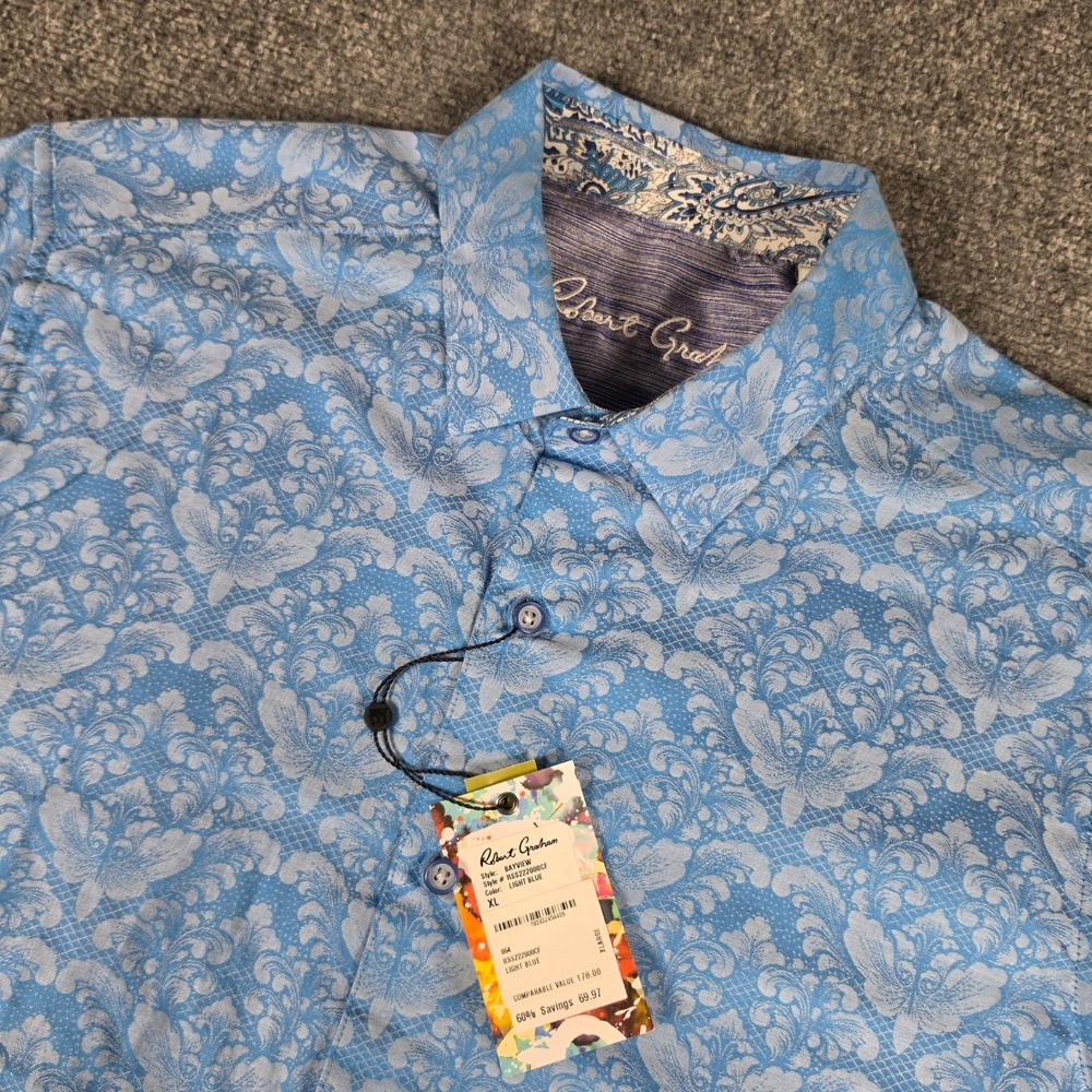 Robert Graham Bayview Shirt Mens XL Blue Damask Jacquard Short Sleeve NWT